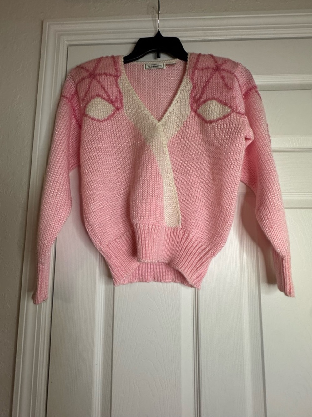 Asics Pink V-Neck Knit Sweater with Cream Trim
